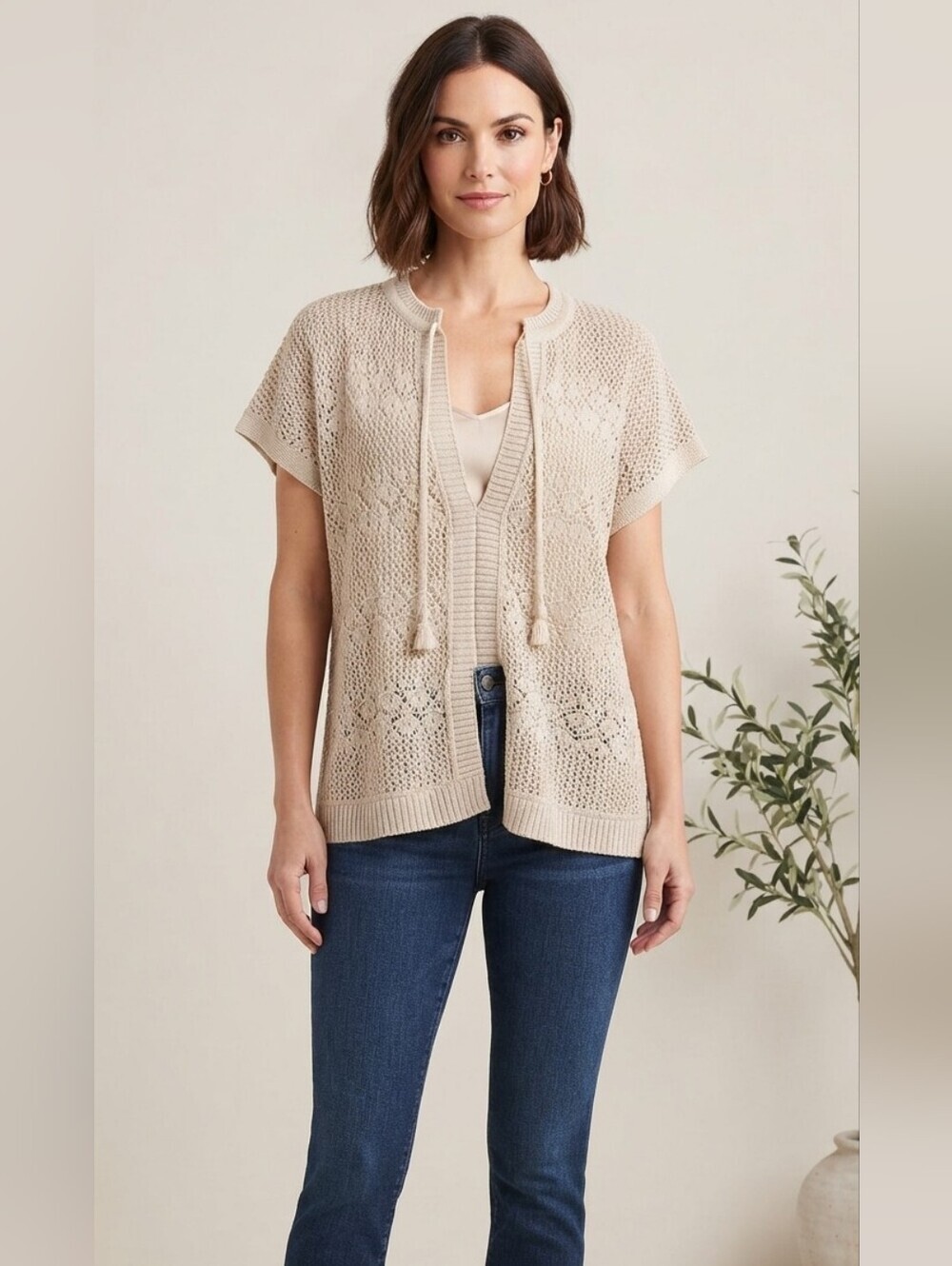 J. Jill Beige Crochet Short-Sleeve Cardigan